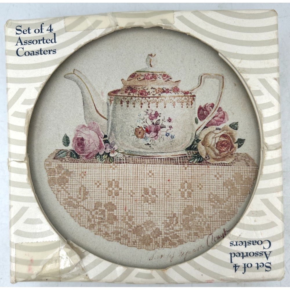 Coaster Stone Set of 4 Round Coasters Teapot Pattern‎ Vtg Cottagecore retro